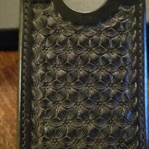 Pocket Money & Card Holder – Black Tooled Leather with Gray Elephant Ear Leather
